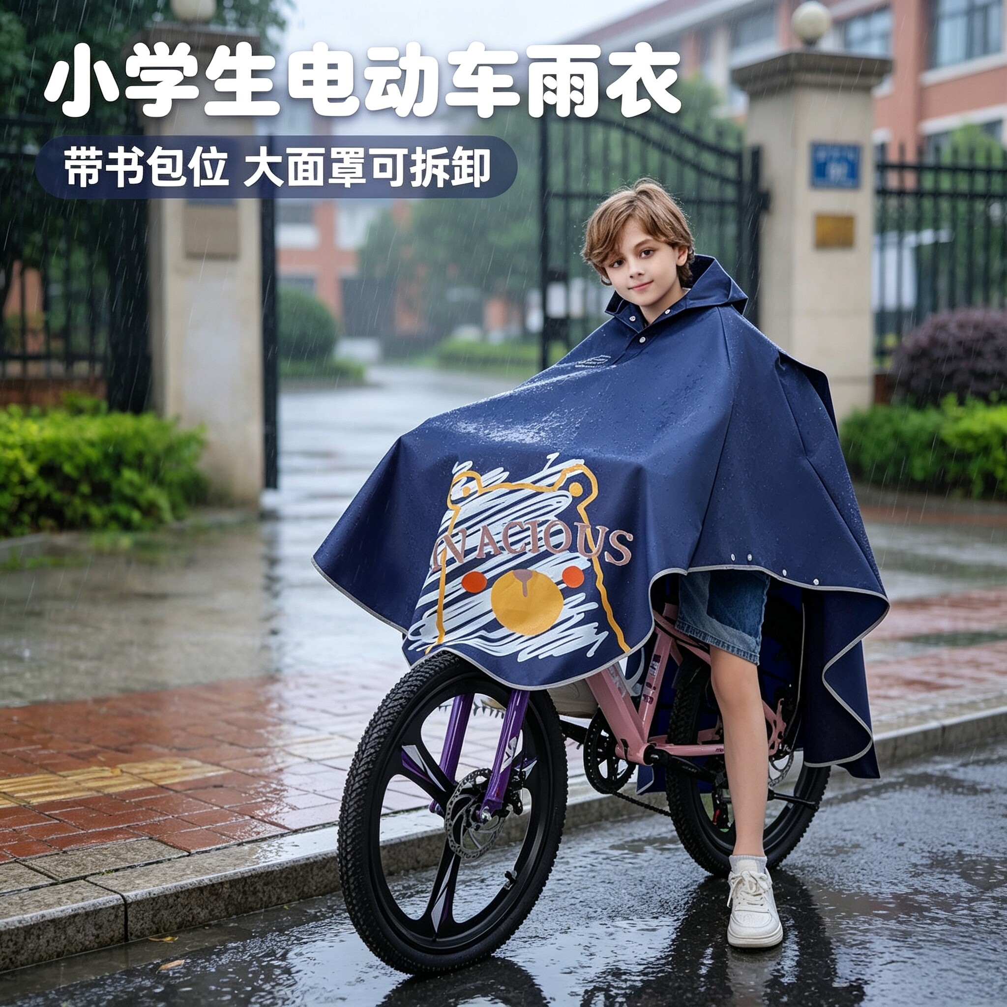 儿童上学坐电车拉链带书包位雨衣