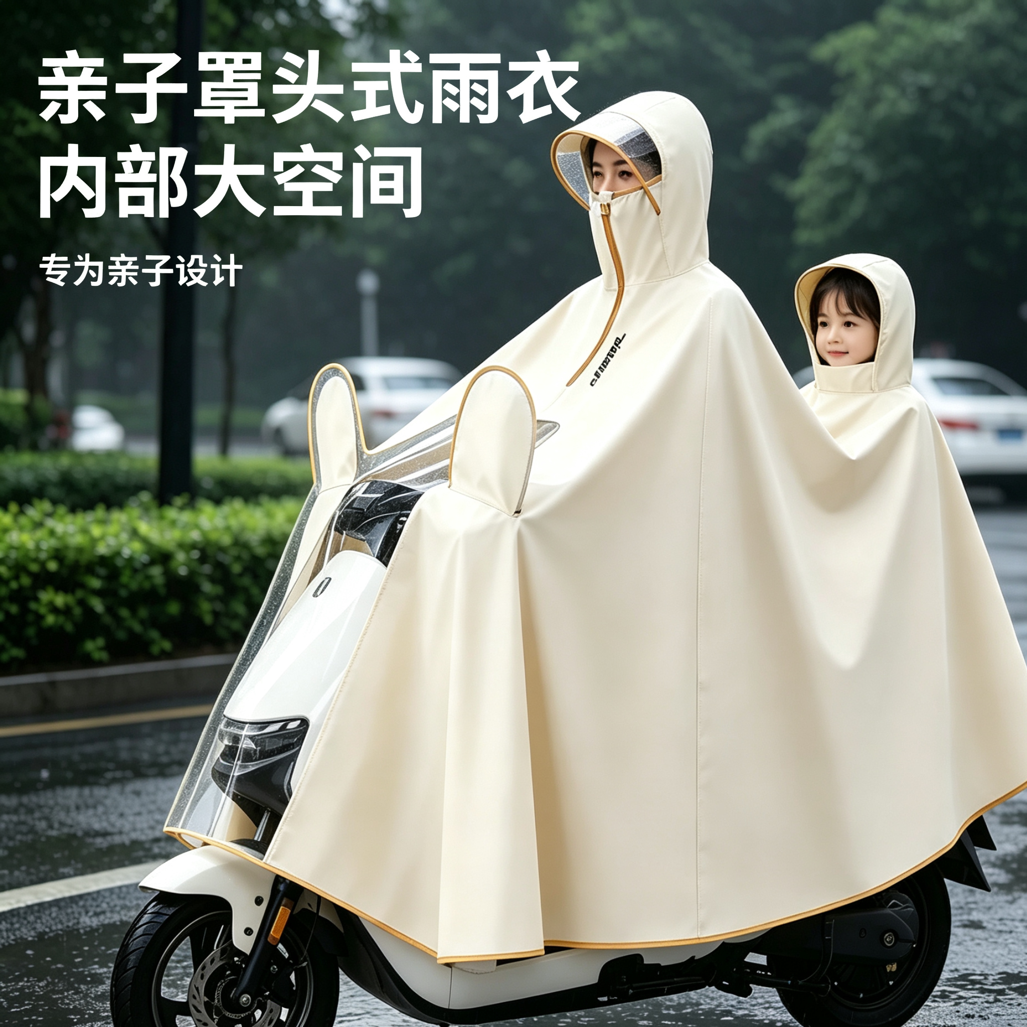 电动车双人亲子全身防暴雨款雨衣