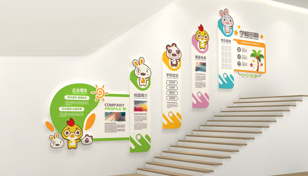 幼儿园楼梯文化墙少儿班级早教托管培训班宣传栏形象墙设计源文件