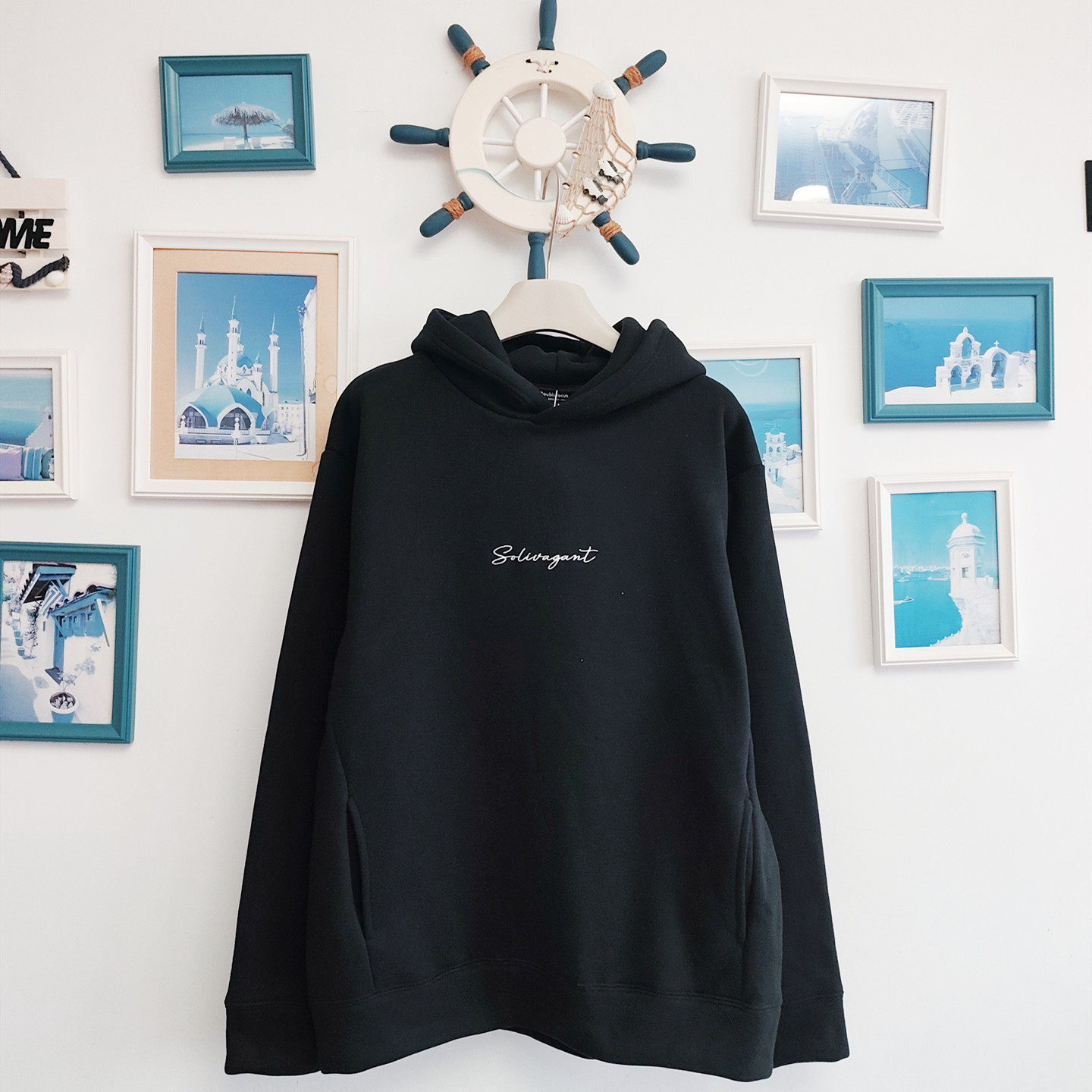 日系潮牌刺绣加绒连帽卫衣新秋冬款外套简约百搭休闲男女同款上衣