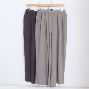 D22005日单新款 客供料松紧高腰宽松显瘦女纯色通勤休闲麻棉直筒裤