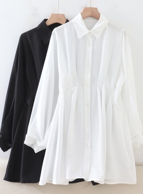 C09071日单新款客供料单排扣宽松显瘦女纯色设计款气质中长款衬衫