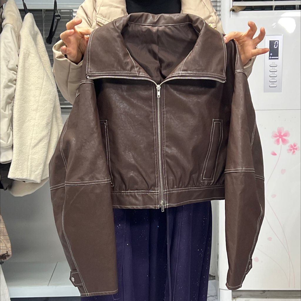 164，深棕色明线皮衣外套