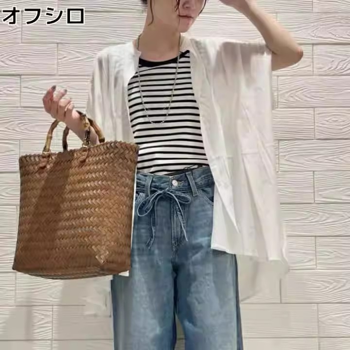 D240109日单夏新款客供单排扣圆领宽松显瘦女纯色短袖中长款衬衫