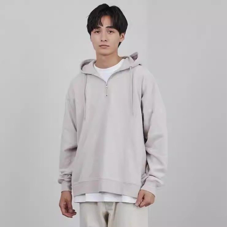 D120105日单客供料门襟拉链套头宽松中性纯色简约休闲连帽卫衣