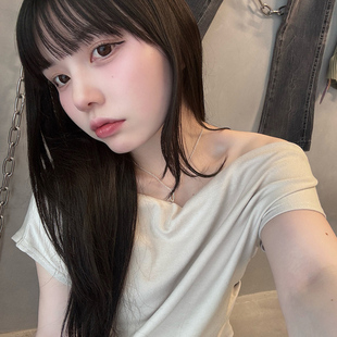 C07017日单夏新款GL一字肩荡领套头有弹性女纯色气质褶皱短袖T恤