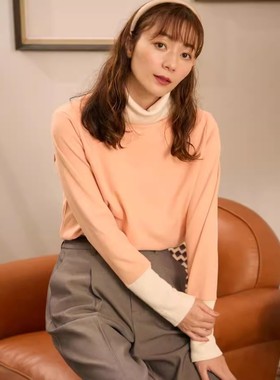 C04003日单新款客供料高领套头宽松显瘦厚实女简洁撞色长袖打底衫