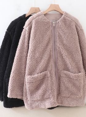 C11072日单秋冬新款客供料拉链圆领宽松保暖女纯色中长羊羔毛外套
