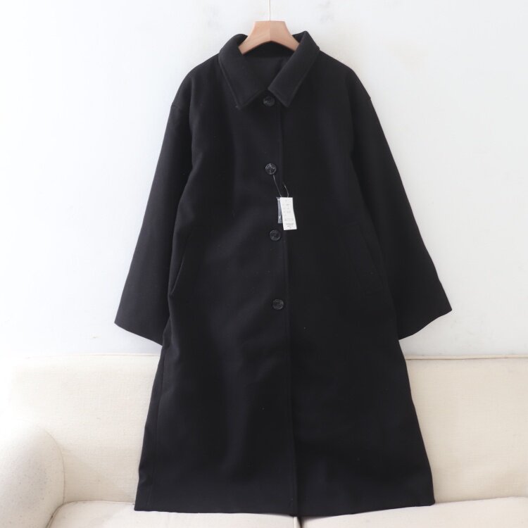C11040日单新款客供料单排扣宽松休闲保暖女纯色气质长款呢子外套