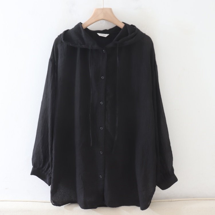 P06022日单褶皱纹理设计感长袖连帽单排扣柔软轻薄休闲衬衫大码