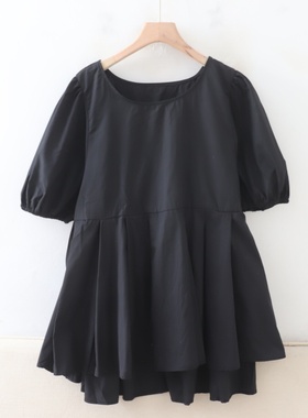 D01018日单新款客供料简洁圆领套头宽松女纯色气质中长款短袖衬衫