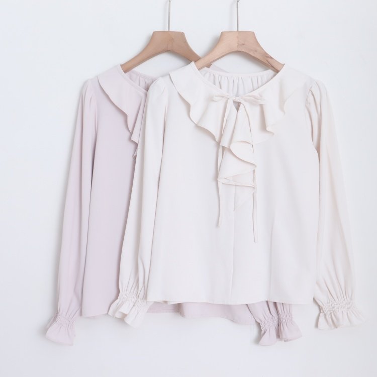 D160113日单客供料系带花边领套头宽松显瘦女甜美气质喇叭袖衬衫