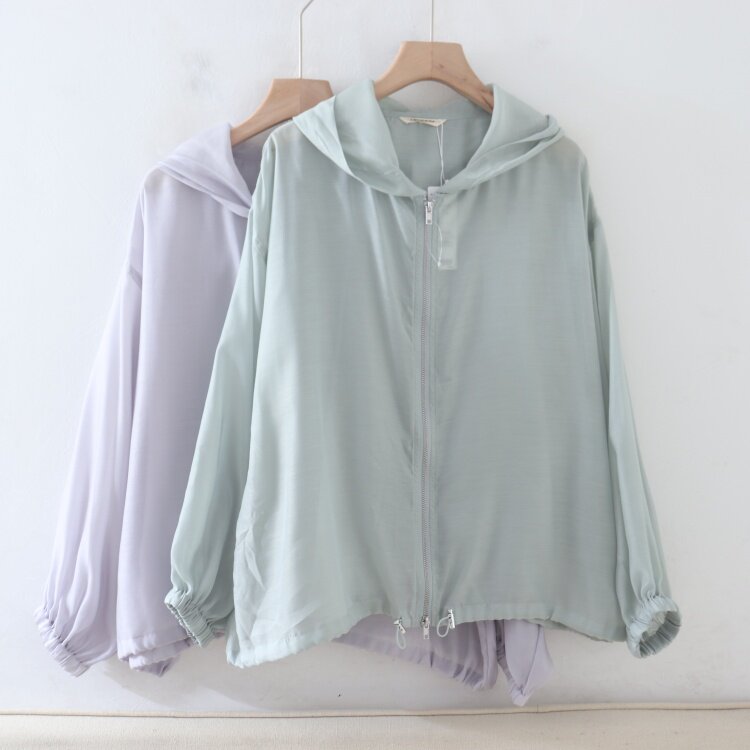 P08079日单新款客供料双头拉链宽松显瘦女防晒衣女连帽薄款外套