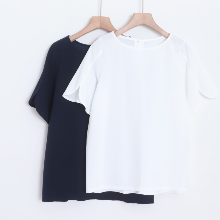 D08059日单新款后珍珠扣圆领套头宽松显瘦女纯色通勤气质短袖衬衫