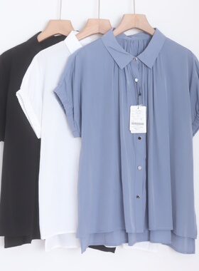 A03086日单夏季新款客供料简洁单排扣宽松女纯色通勤松紧短袖衬衫