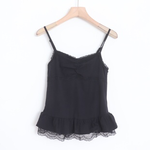 D09080日单新款 客供料褶皱有弹性女棉质蕾丝花边可调节吊带背心