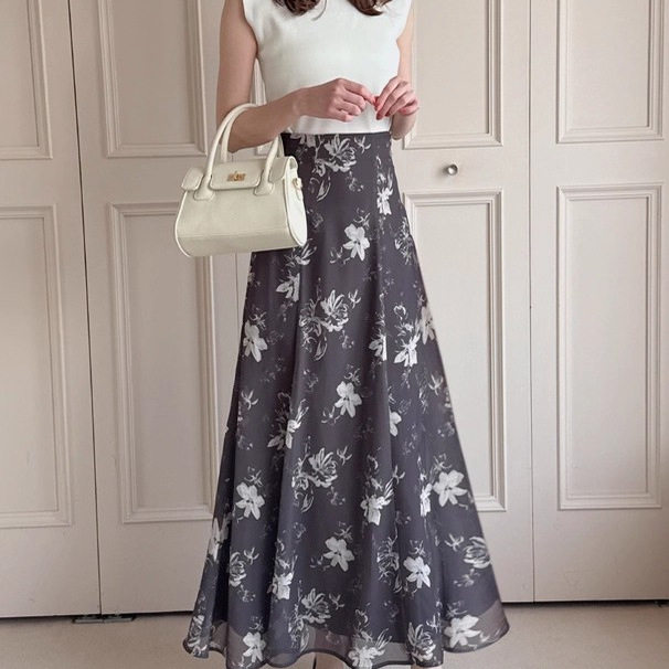 D11065日单新款隐形拉链松紧高腰A字裙女甜美雪纺印花长款半身裙,女装/女士精品,半身裙,淘宝优惠券,粉丝福利购,淘宝优惠卷