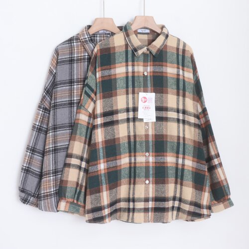 D24087日单春季新款翻边领单排扣宽松显瘦女简洁休闲格子长袖衬衫