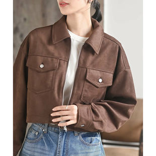 D16023日单新款客供料拉链翻边领宽松女纯色气质短款麂皮绒外套