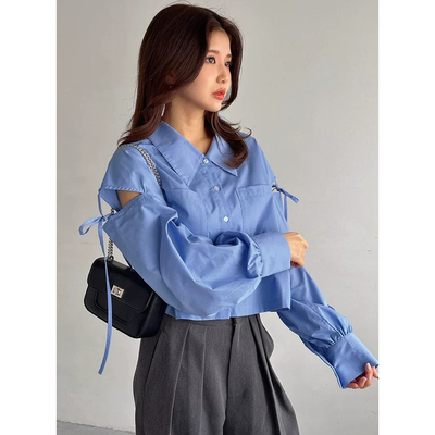 D19032日单GL新款单排扣翻边领宽松显瘦女甜美露肩系带长袖衬衫