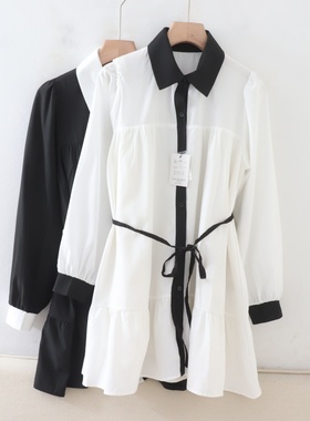 C11024日单早秋新款客供GL单排扣宽松显瘦女气质撞色中长款衬衫裙