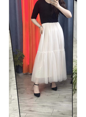 D07066日单新款客供料女甜美气质撞色针织拼接纱网短袖长连衣裙