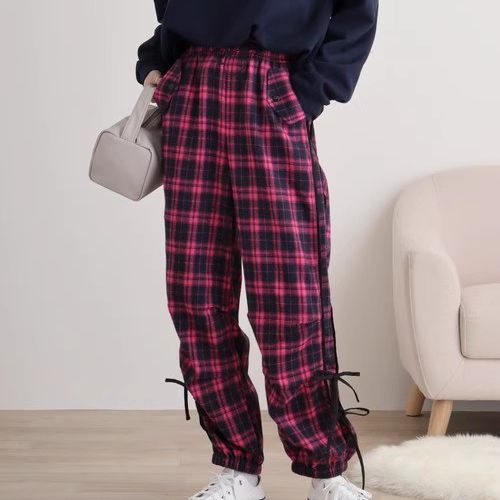 D06071日单新款客供料松紧高腰宽松显瘦长裤女系带格子休闲工装裤