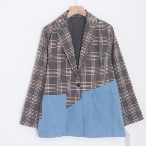 A12096日单1.6W+新款客供料单排扣微宽松女拼接气质格子西装外套