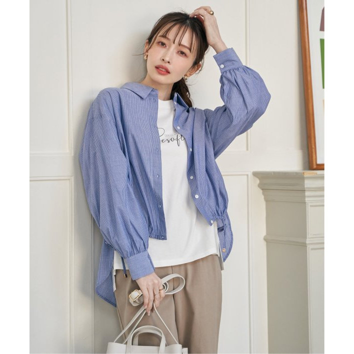 D17034日单新款单排扣翻边领宽松显瘦女纯色通勤气质抽绳长袖衬衫