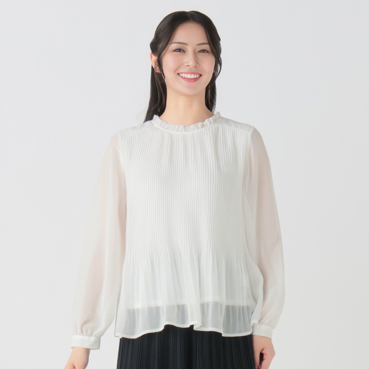 A02048日单新款后纽扣花边圆领套头微宽松小清新女细百褶长袖衬衫