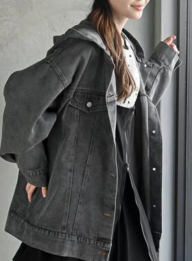 A07033日单新款rps单排扣宽松显瘦女纯色休闲大版连帽牛仔外套