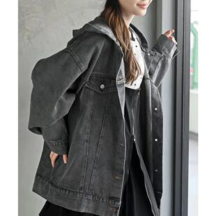 A07033日单新款rps单排扣宽松显瘦女纯色休闲大版连帽牛仔外套