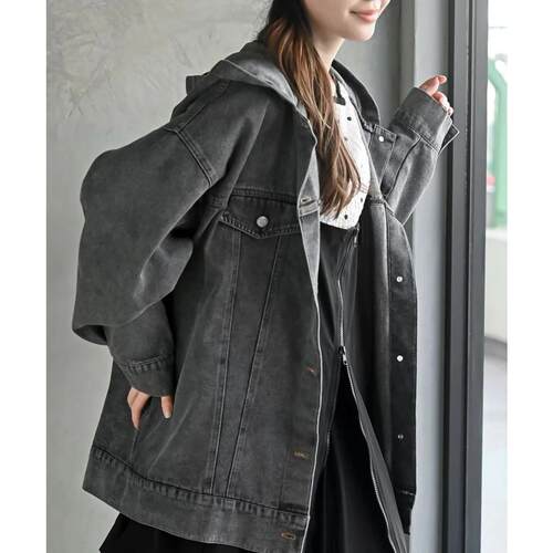 A07033日单新款rps单排扣宽松显瘦女纯色休闲大版连帽牛仔外套