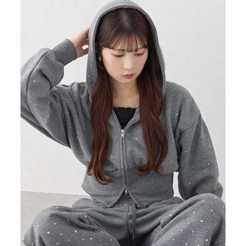 D23074日单NC新款双头拉链微宽松显瘦女甜美气质短款烫钻连帽外套