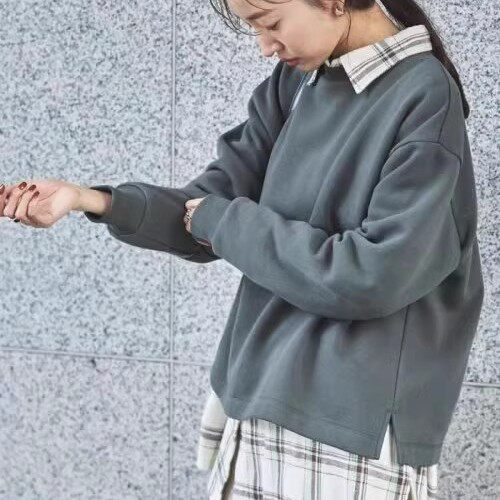 A05043日单春秋日系通勤简洁圆领套头宽松显瘦女休闲薄绒长袖卫衣