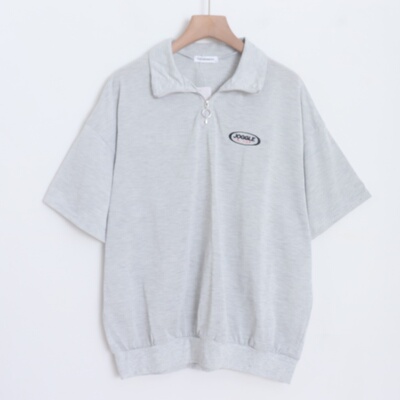 D24012日单夏新款门襟拉链套头宽松显瘦女纯色简洁休闲短袖T恤