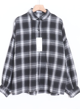 D090127日单新款单排扣宽松显瘦好搭配女格子通勤休闲长袖衬衫