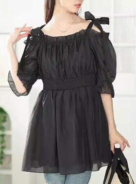 D110113日单新款微宽松花边一字领松紧腰女甜美系带露肩连衣裙