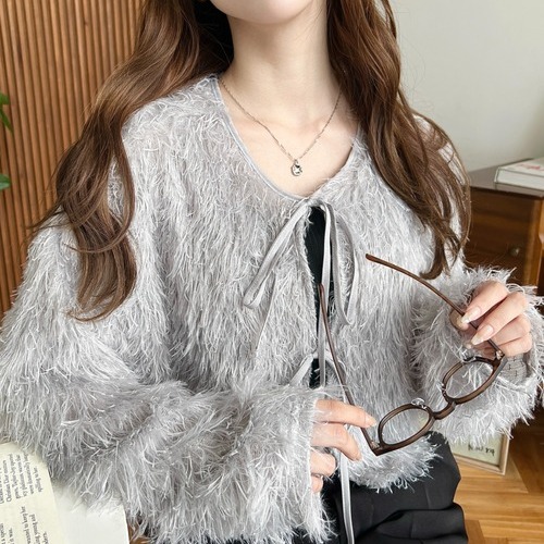 D04042日单新款客供优雅系带宽松显瘦女纯色甜美气质羽毛短款外套