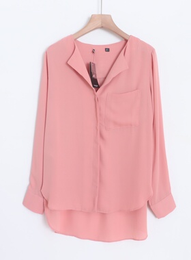 D14008新款通勤气质V领隐形扣宽松显瘦好搭配女雪纺纯色长袖衬衫