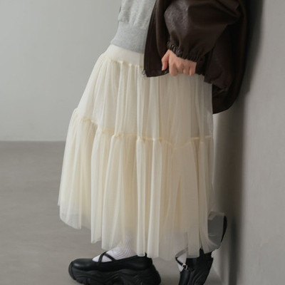 P120124日单新款甜美日系客供料全松紧高腰女大A摆长款网纱半身裙