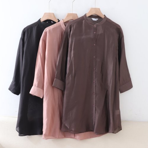 B04063日单新款客供天丝料单排扣圆领宽松女气质中长款薄款衬衫