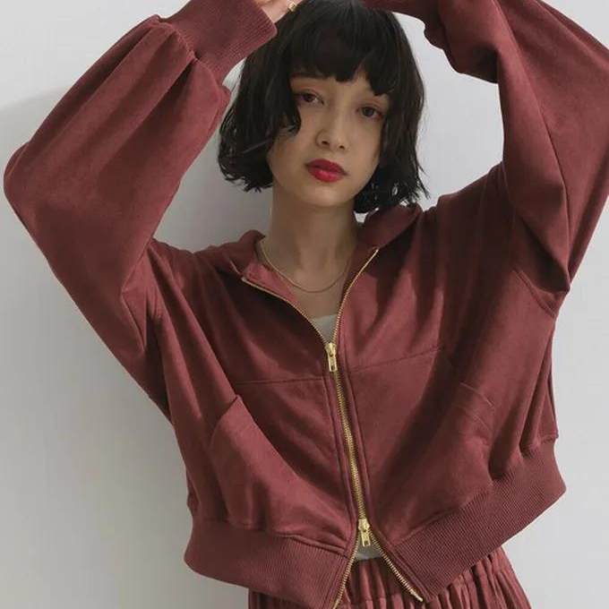 D16005日单新款双头拉链宽松女纯色麂皮绒气质休闲连帽短款外套