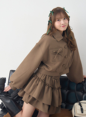 D15068日单新款单排扣加厚外套+松紧高腰层次短裙甜美气质2件套装