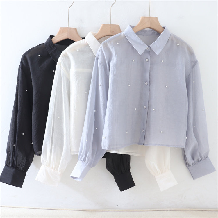 M02030日单新款客供料单排扣宽松显瘦女纯色气质轻薄珍珠长袖衬衫