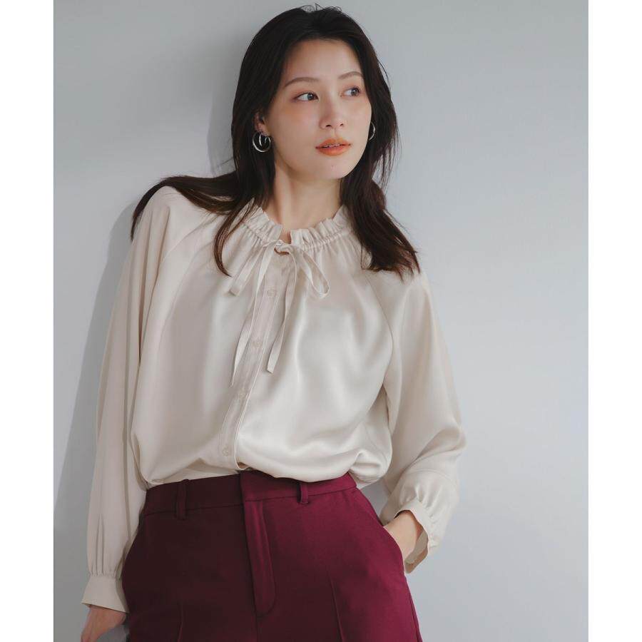 E01064日单新款客供料系带花边松紧领宽松显瘦女优雅气质长袖衬衫