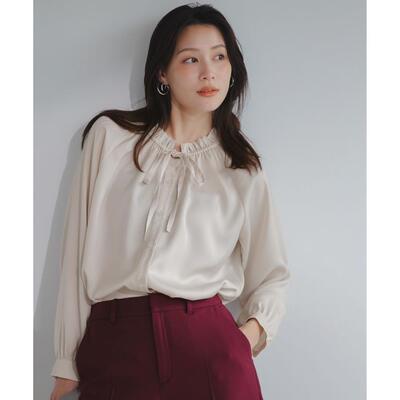 E01064日单新款客供料系带花边松紧领宽松显瘦女优雅气质长袖衬衫