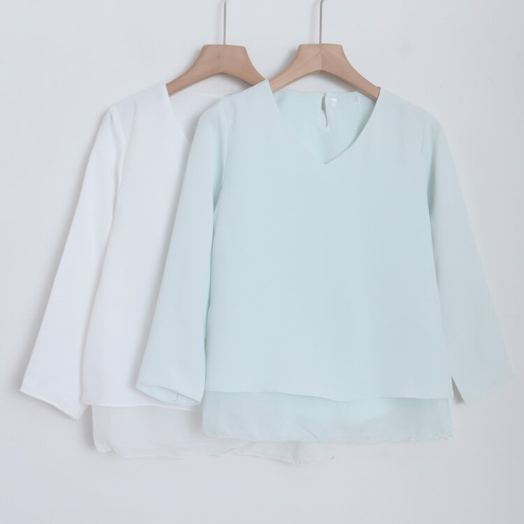 E01036日单春夏款客供料后纽扣V领套头微宽松显瘦女气质薄款衬衫