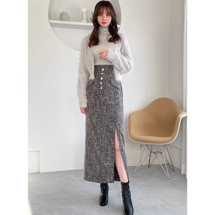 D15053日单新款GL隐形拉链松紧高腰显瘦女小香风气质侧开叉半身裙