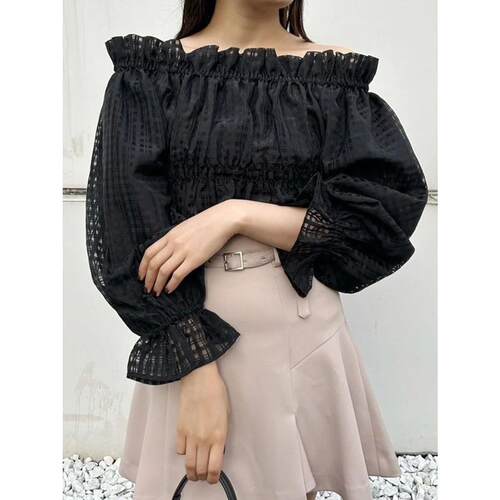 A02039日单新款8800日元花边松紧一字领显瘦女甜美短款喇叭袖衬衫